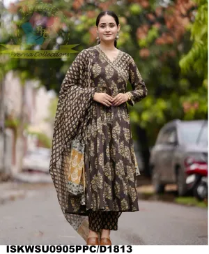 Ajrakh Cotton Anarkali Kurti With Pant And Malmal Cotton Dupatta-ISKWSU0905PPC/D1813