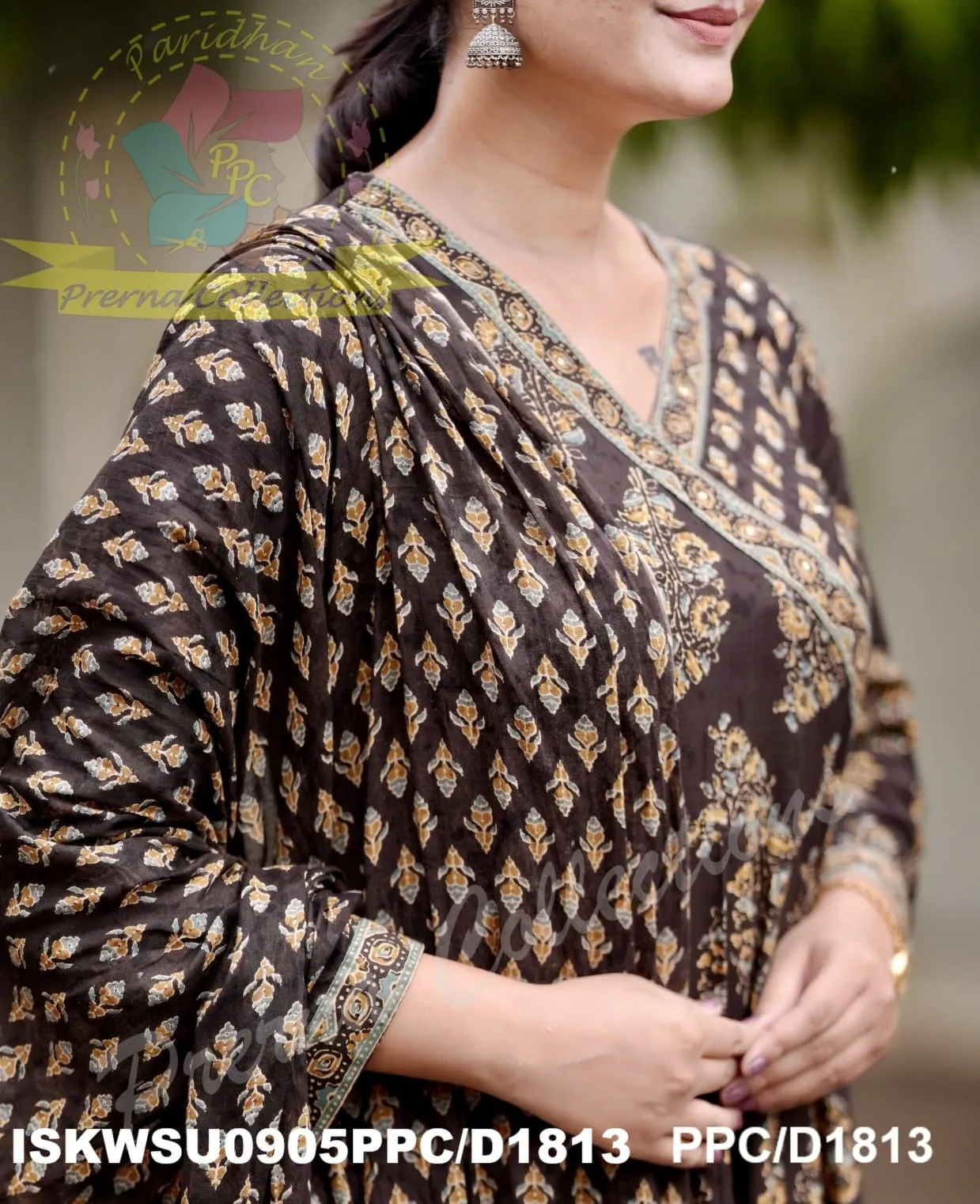 Ajrakh Cotton Anarkali Kurti With Pant And Malmal Cotton Dupatta-ISKWSU0905PPC/D1813