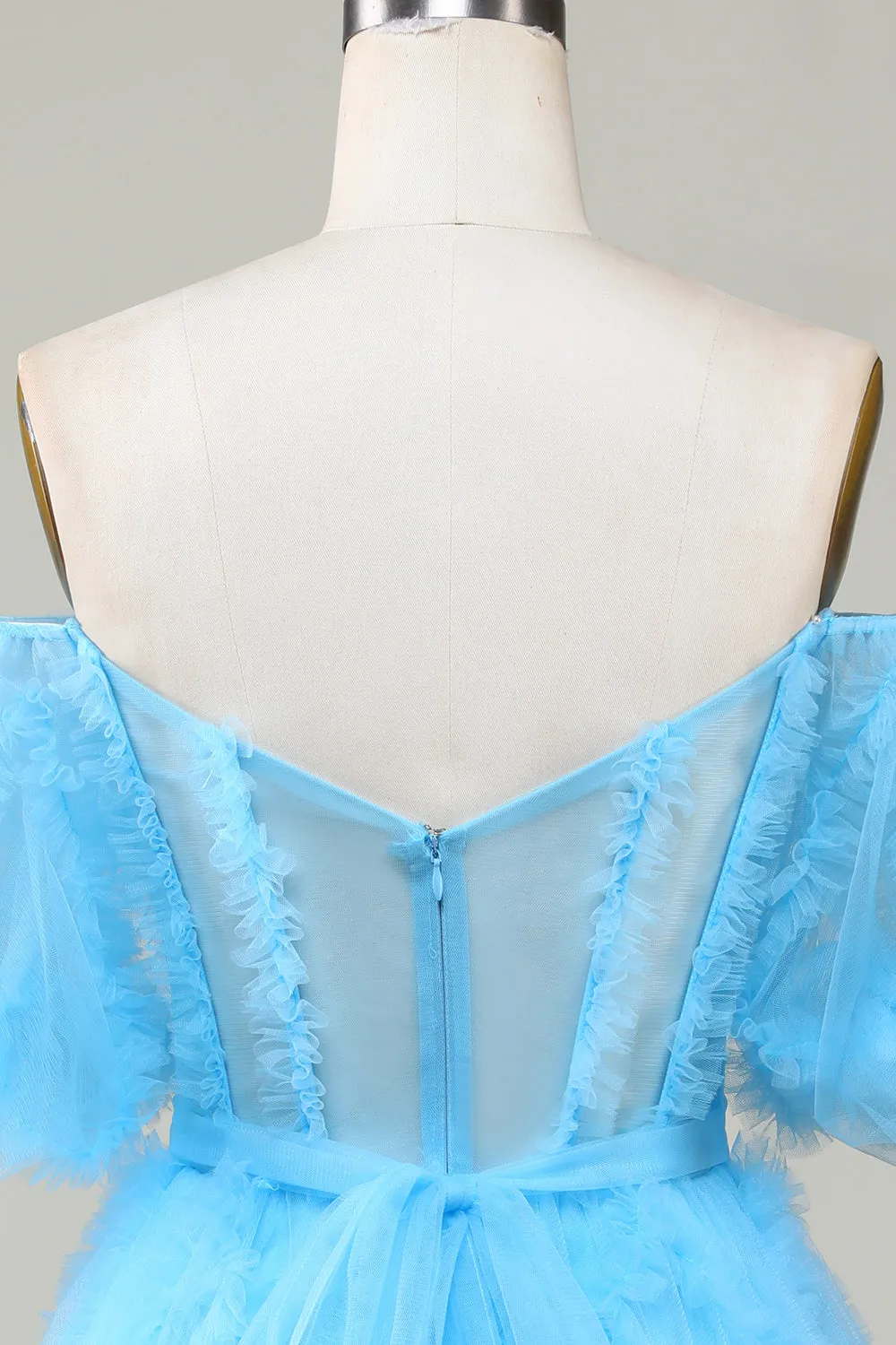 Blue Tulle Off-the-Shoulder A-Line Short Homecoming Dress