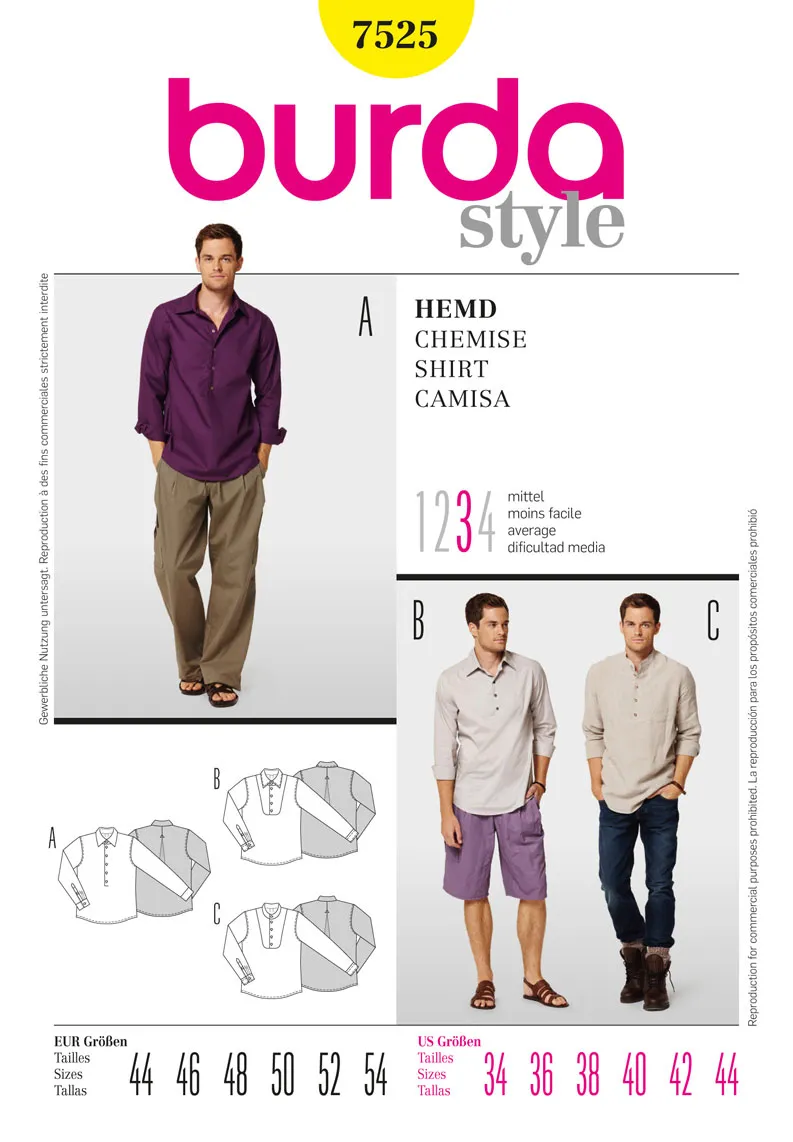 Burda 7525 Mens' Long Sleeve Shirt Pattern