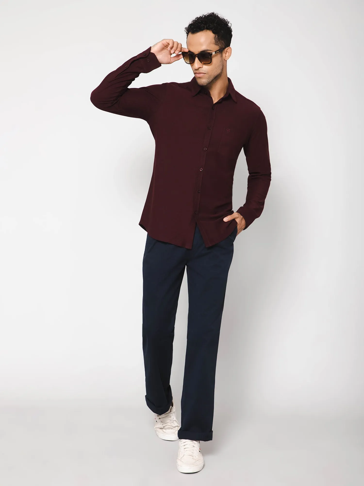 Cantabil Cotton Blend Solid Wine Full Sleeve Casual Shirt for Men with Pocket