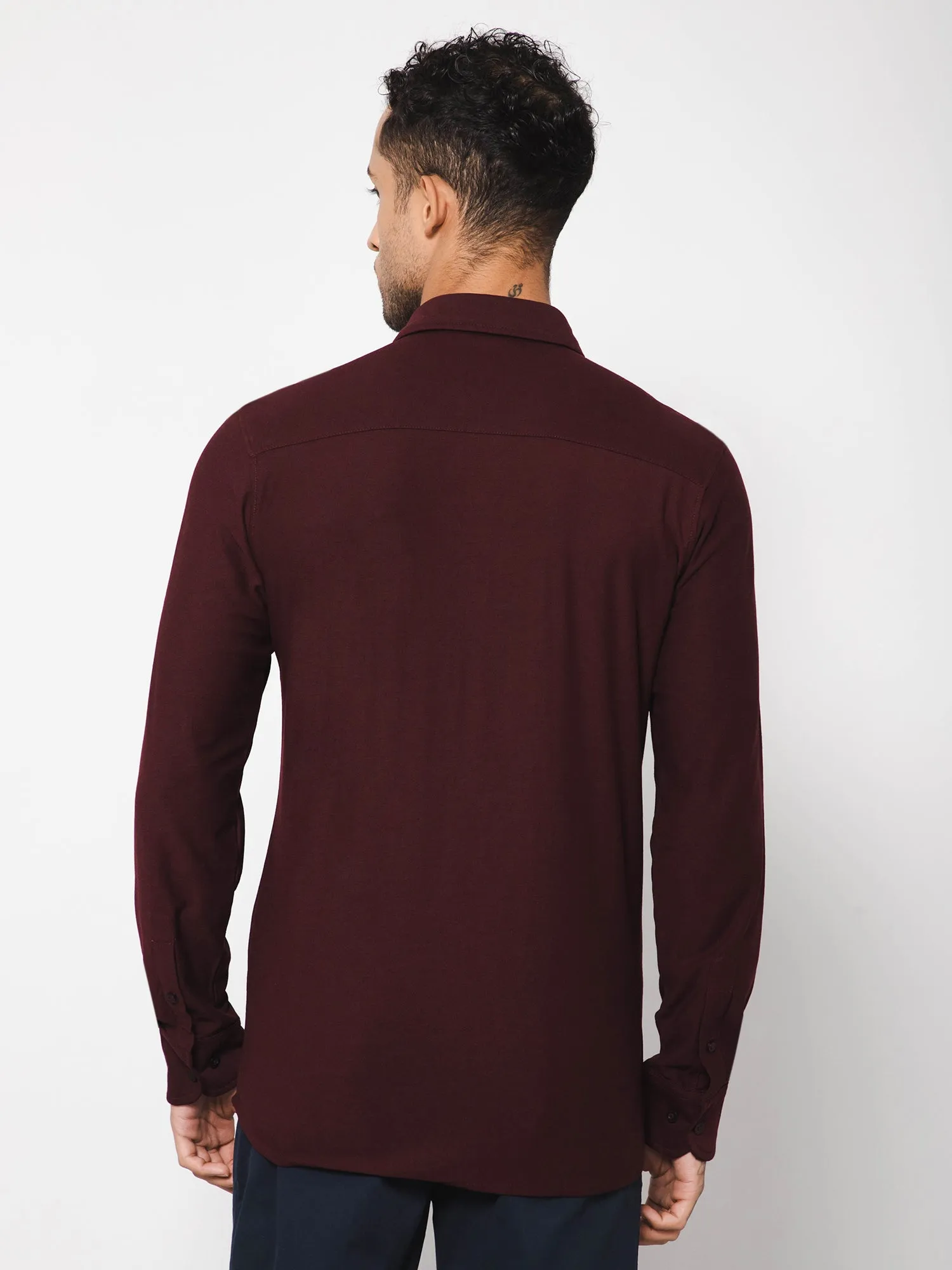 Cantabil Cotton Blend Solid Wine Full Sleeve Casual Shirt for Men with Pocket