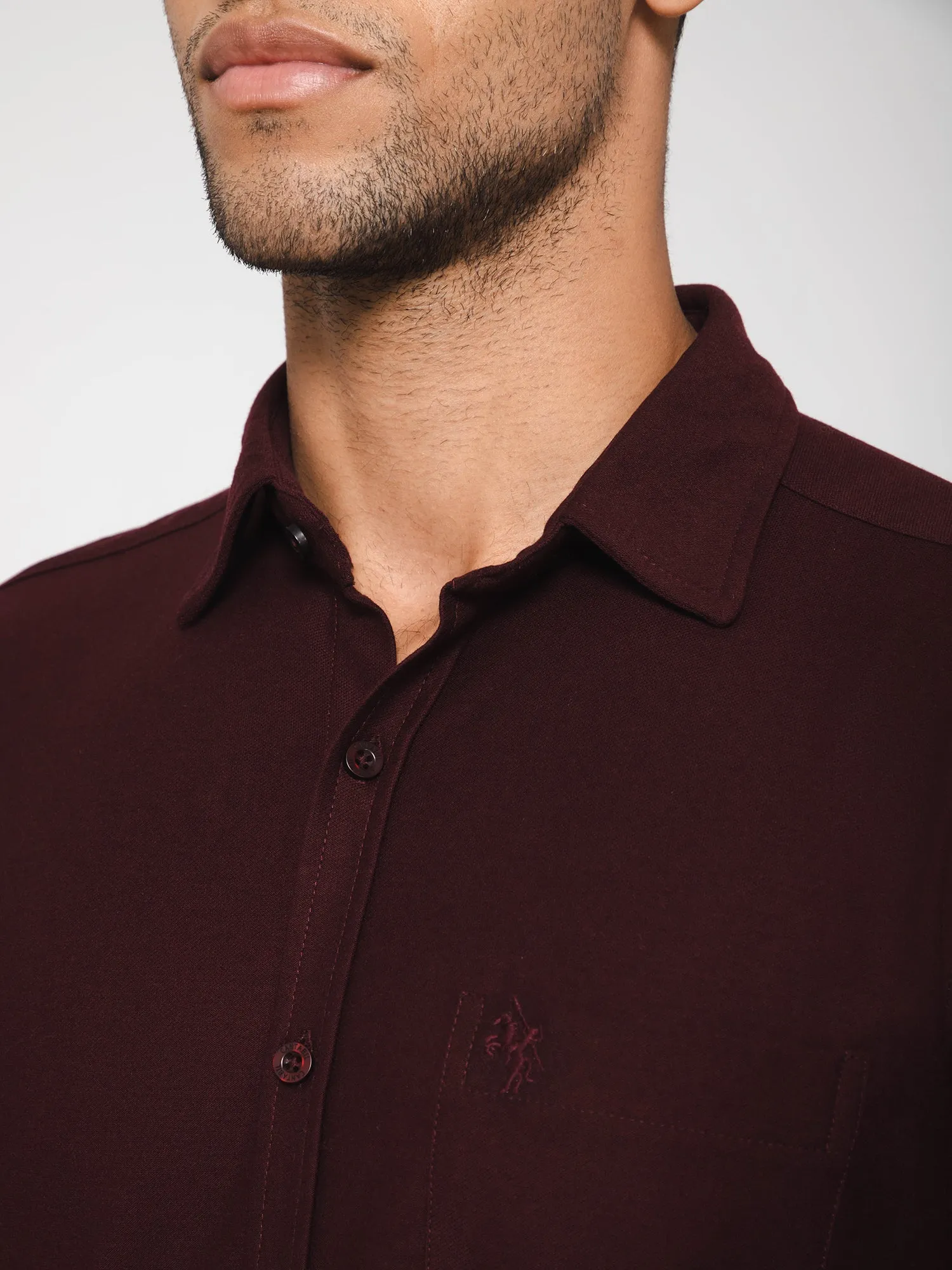 Cantabil Cotton Blend Solid Wine Full Sleeve Casual Shirt for Men with Pocket