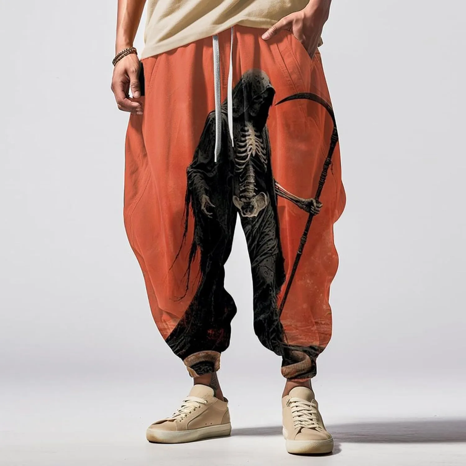 Casual Loose Hippie Drop Crotch Trouser Elastic Cotton Casual Mid with Pockets Pants Men's Mens Casual Cargo Pants
