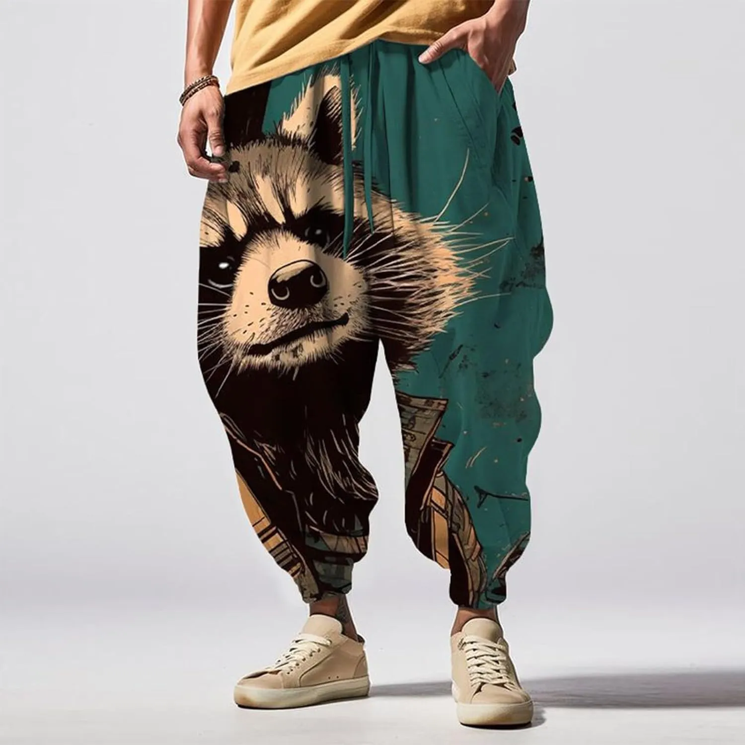 Casual Loose Hippie Drop Crotch Trouser Elastic Cotton Casual Mid with Pockets Pants Men's Mens Casual Cargo Pants