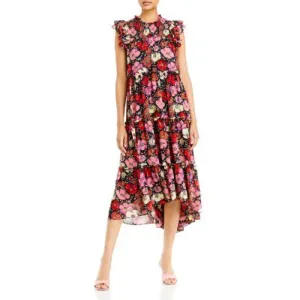 Cinq a Sept Ladies Floral Print High Neck Midi Dress w/ Ruffle Cap Sleeves, 4