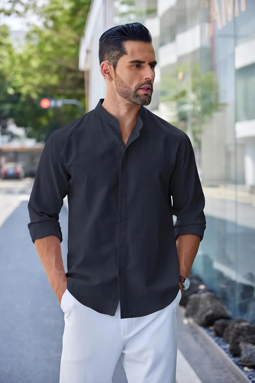 COOFANDY Men's Long Sleeve Oxford Dress Shirts Chambray Button Down Shirt Casual Band Collar Shirts
