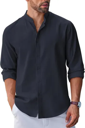 COOFANDY Men's Long Sleeve Oxford Dress Shirts Chambray Button Down Shirt Casual Band Collar Shirts
