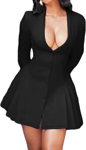 CORIRESHA Women's Elegant Deep V-Neck Long Sleeve Button Pleated Mini Blazer Dress