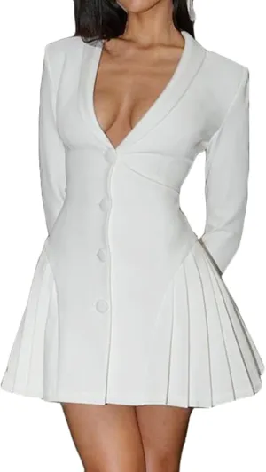 CORIRESHA Women's Elegant Deep V-Neck Long Sleeve Button Pleated Mini Blazer Dress