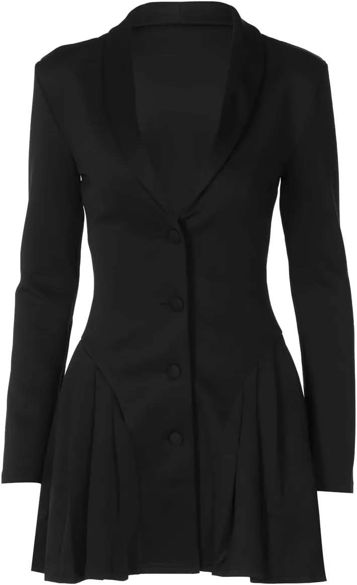 CORIRESHA Women's Elegant Deep V-Neck Long Sleeve Button Pleated Mini Blazer Dress