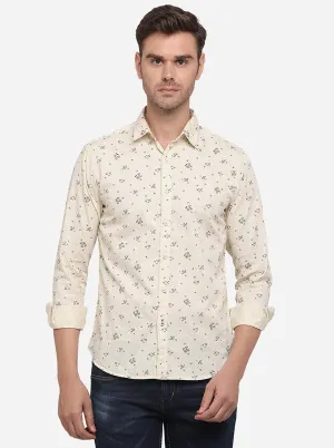 Cream Printed Slim Fit Casual Shirt | Greenfibre