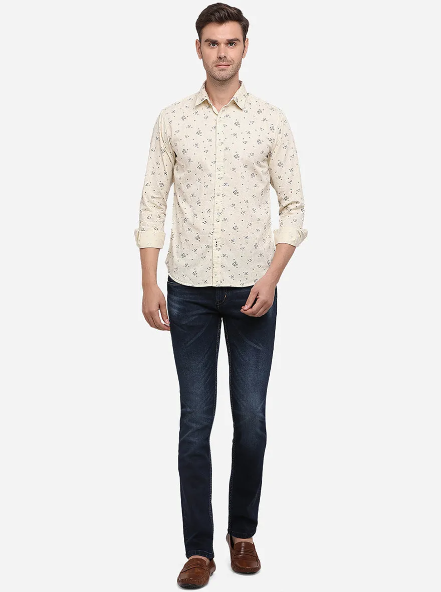 Cream Printed Slim Fit Casual Shirt | Greenfibre