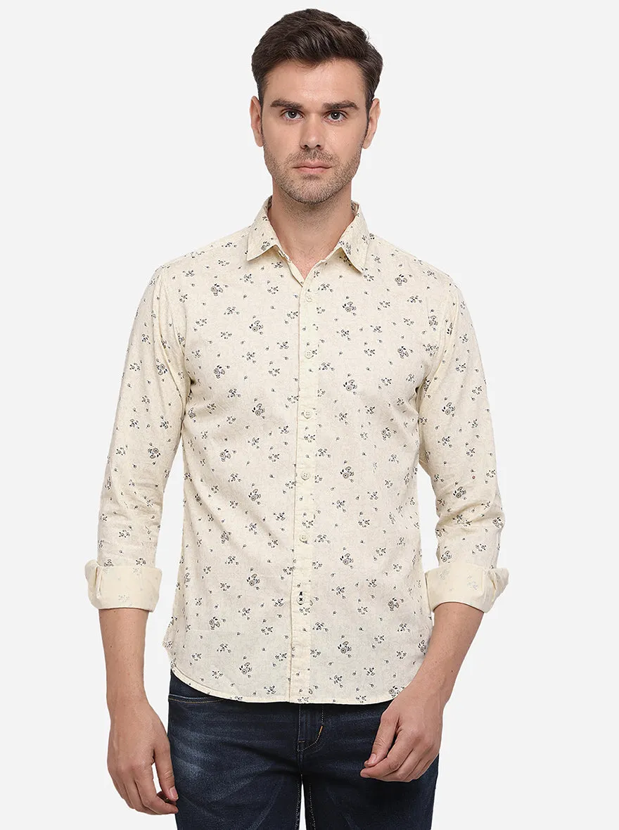 Cream Printed Slim Fit Casual Shirt | Greenfibre