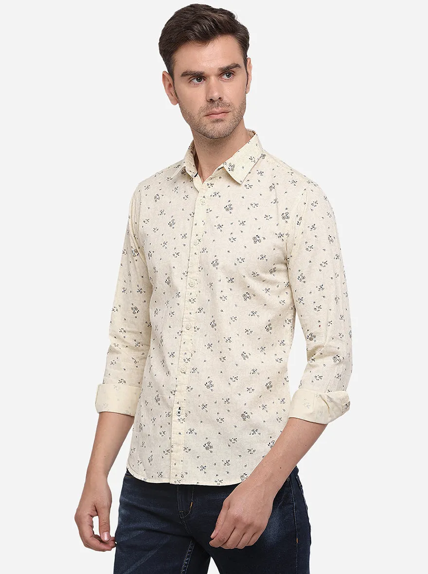 Cream Printed Slim Fit Casual Shirt | Greenfibre