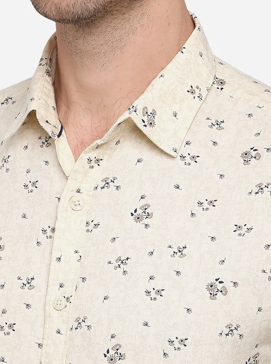 Cream Printed Slim Fit Casual Shirt | Greenfibre