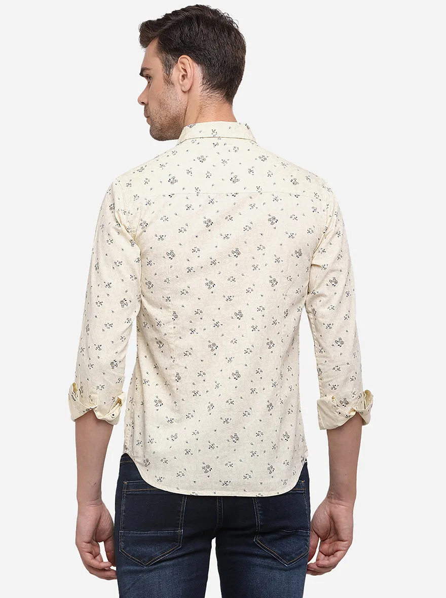 Cream Printed Slim Fit Casual Shirt | Greenfibre