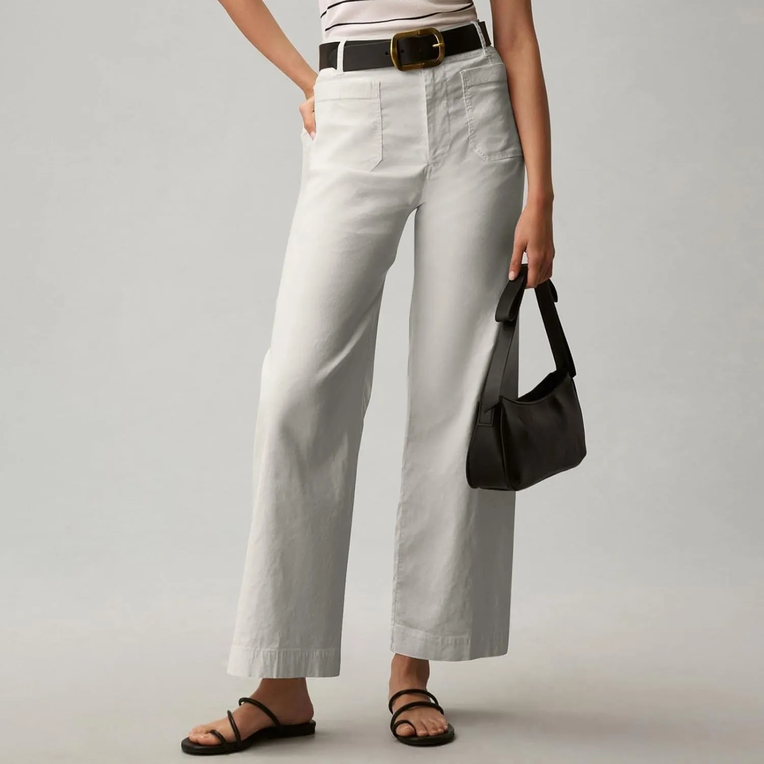 Cropped Pants for Women Stretch Straight Wide Leg High Waisted Business Work Chino Trousers Jeans with Pockets