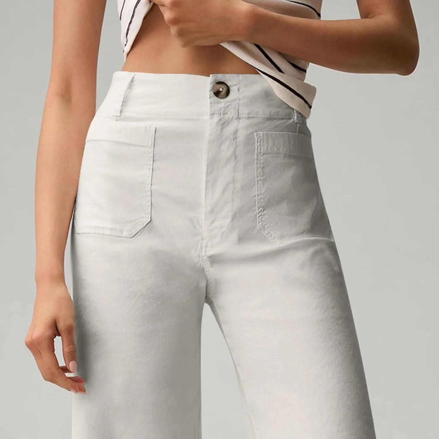 Cropped Pants for Women Stretch Straight Wide Leg High Waisted Business Work Chino Trousers Jeans with Pockets