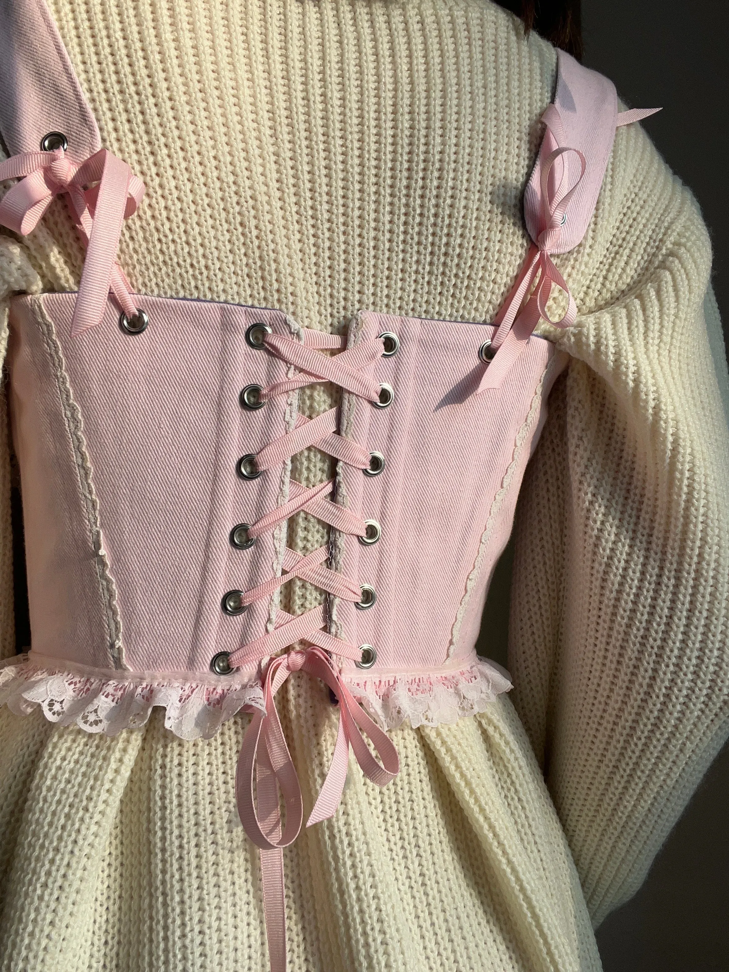 “Cupcake” reversible underbust corsage, size S-M, one side is  pink with ruffles and the other is purple 💜🩷