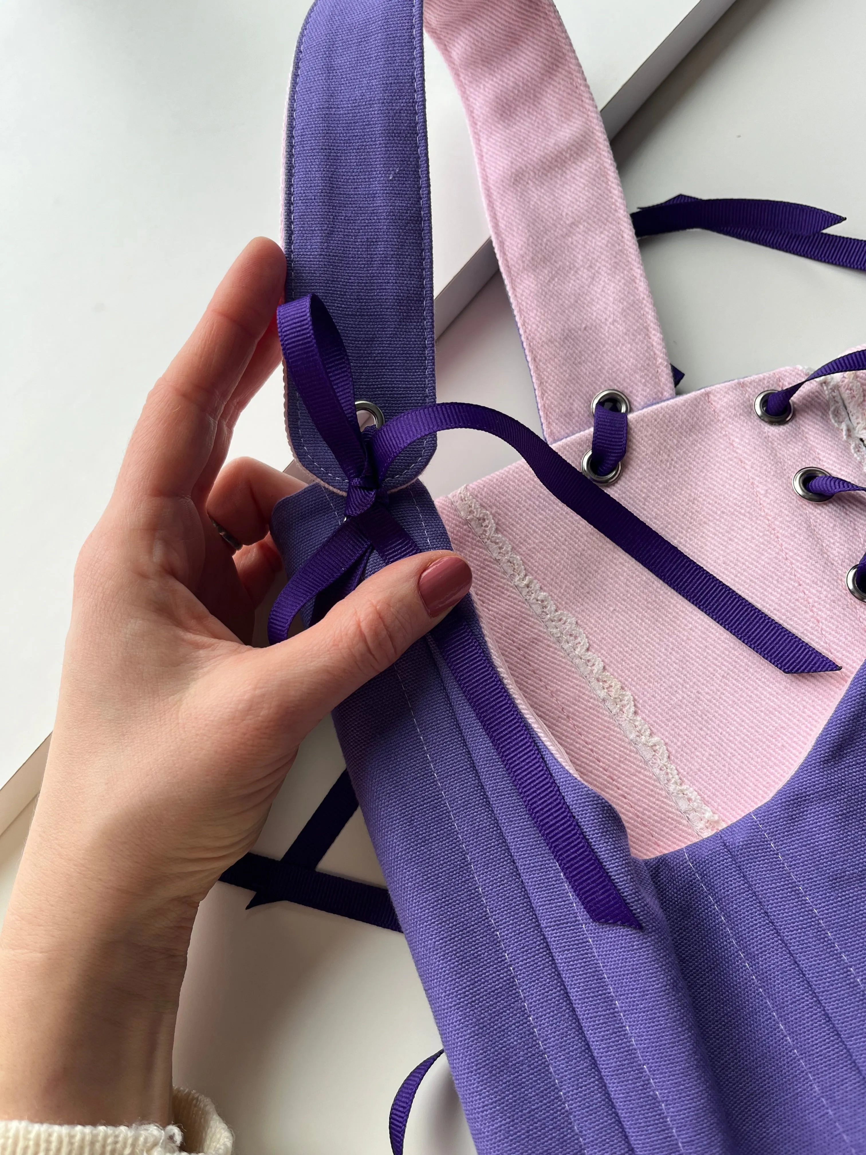 “Cupcake” reversible underbust corsage, size S-M, one side is  pink with ruffles and the other is purple 💜🩷