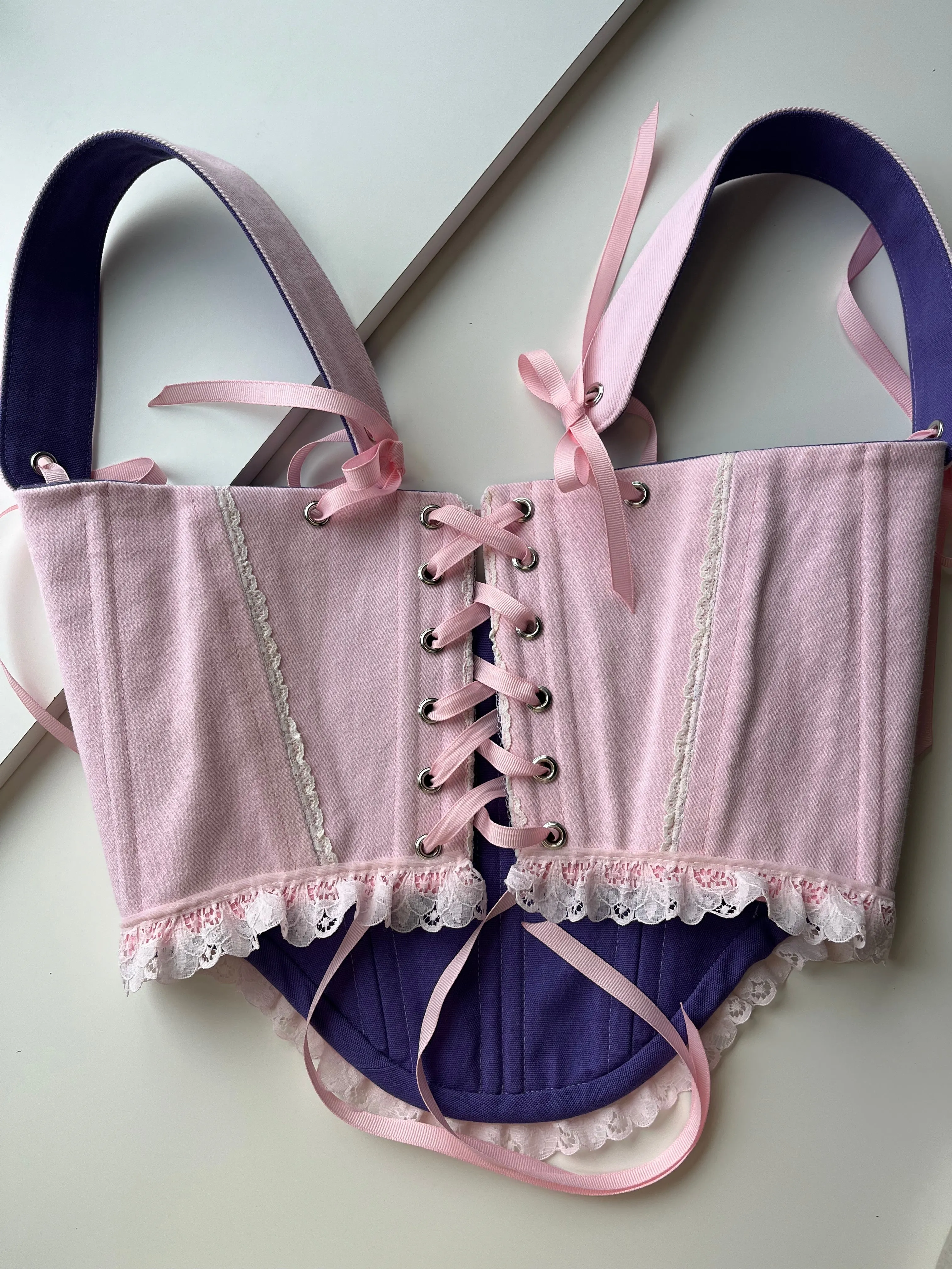 “Cupcake” reversible underbust corsage, size S-M, one side is  pink with ruffles and the other is purple 💜🩷