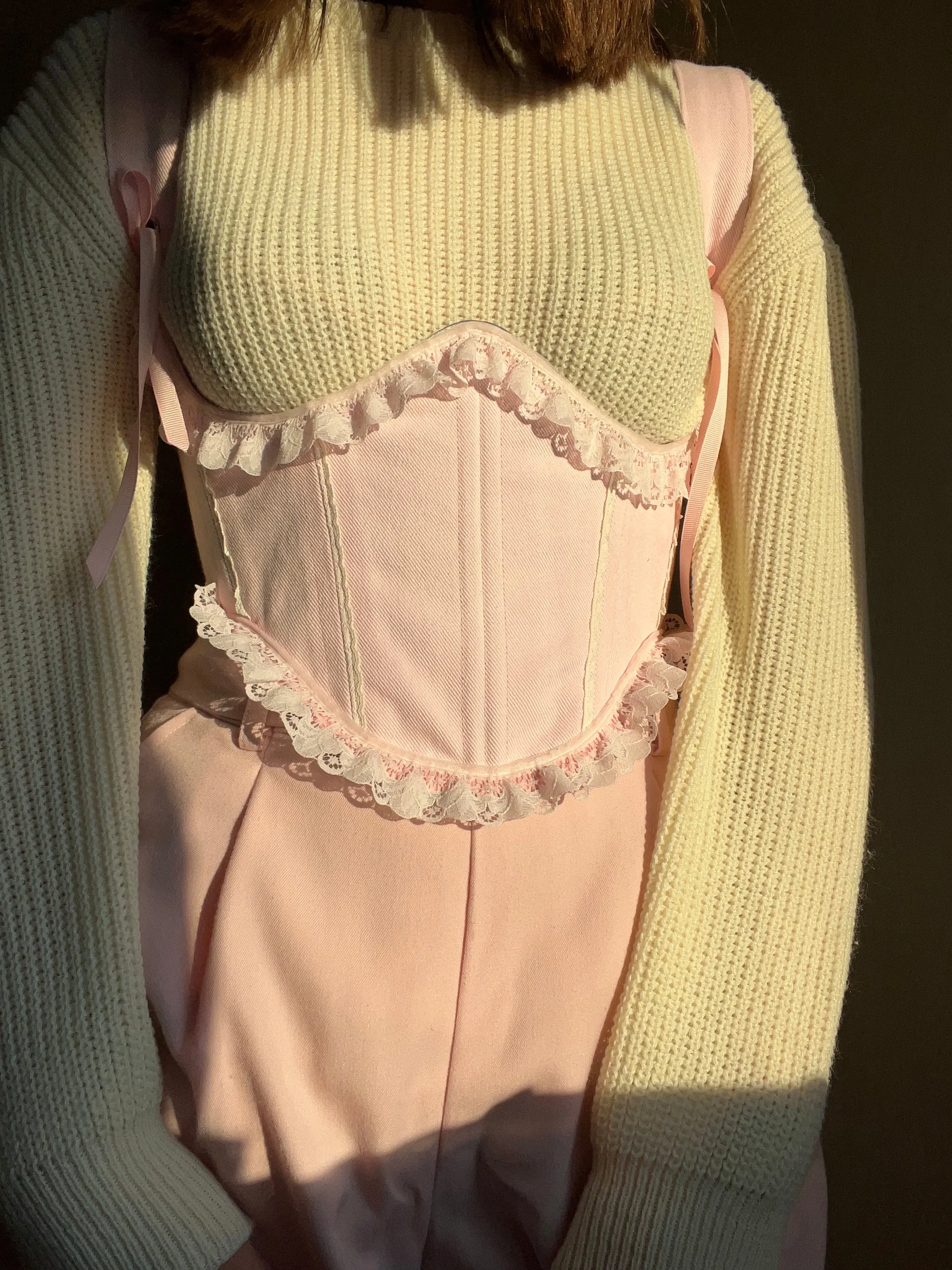 “Cupcake” reversible underbust corsage, size S-M, one side is  pink with ruffles and the other is purple 💜🩷