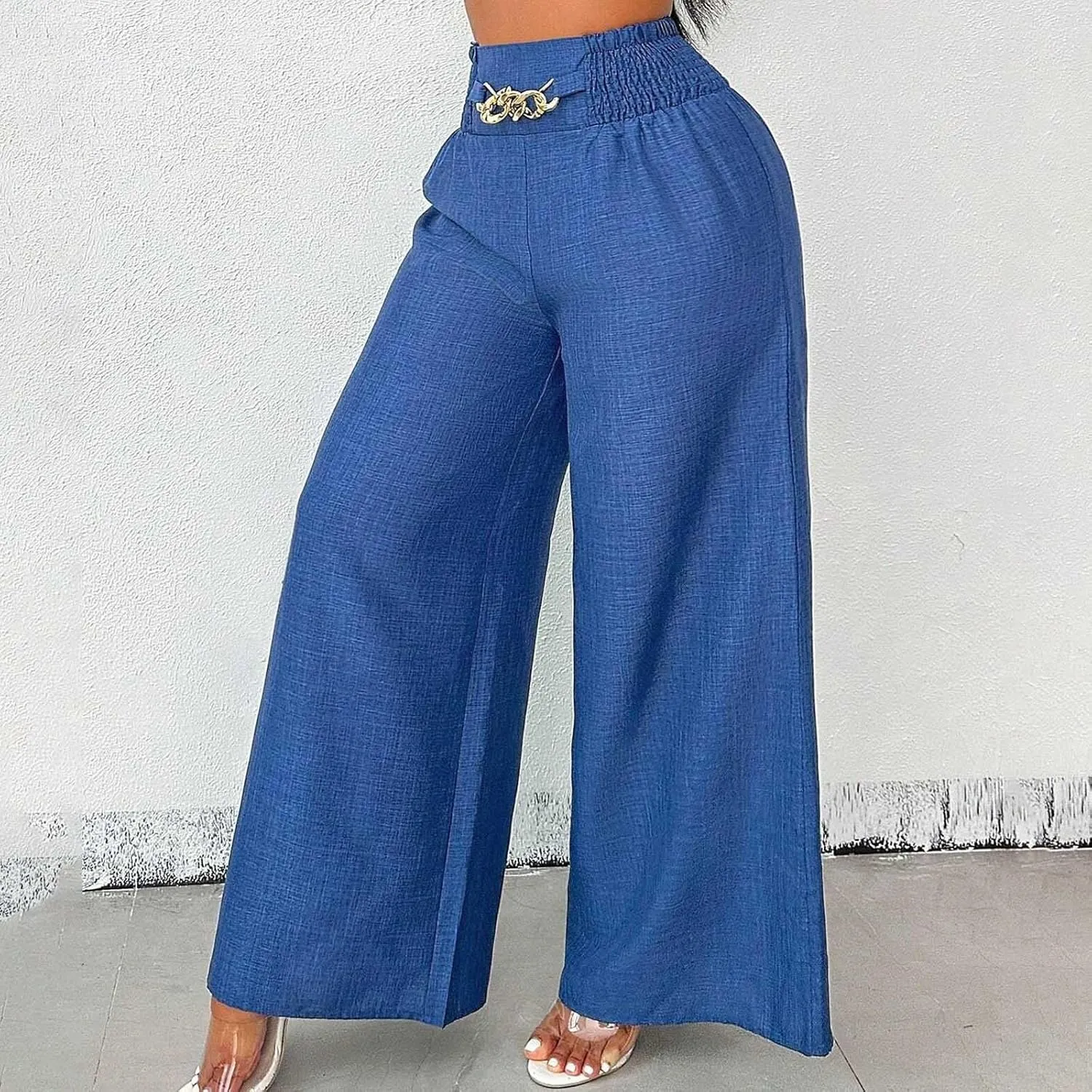 FZVYD Women Baggy Pants Wide Leg Pants Elastic High Waist Pants Retro Office Pants 2025 Summer Cotton Linen Palazzo Trousers