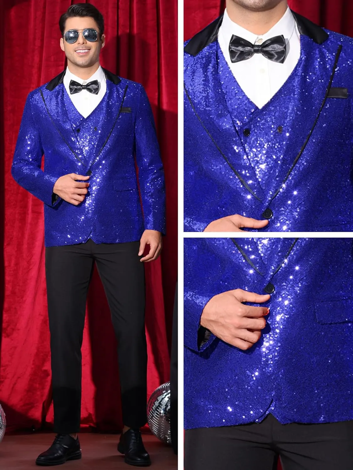 Lars Amadeus Sequin Blazer for Men's Peak Lapel Disco Prom Wedding Party Shiny Suit Jacket Tuxedo