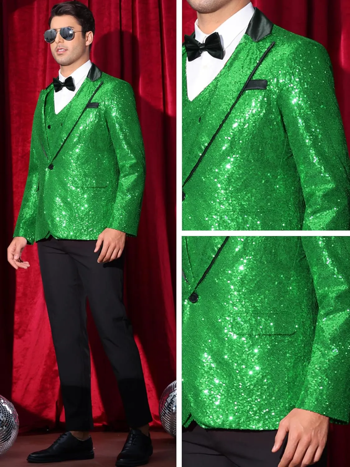 Lars Amadeus Sequin Blazer for Men's Peak Lapel Disco Prom Wedding Party Shiny Suit Jacket Tuxedo