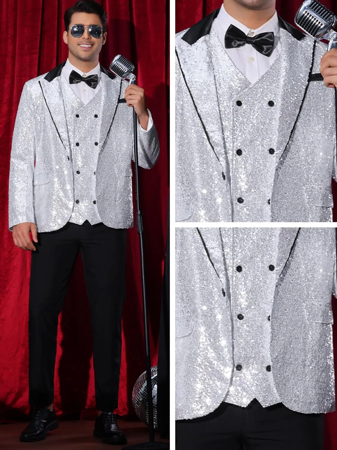 Lars Amadeus Sequin Blazer for Men's Peak Lapel Disco Prom Wedding Party Shiny Suit Jacket Tuxedo