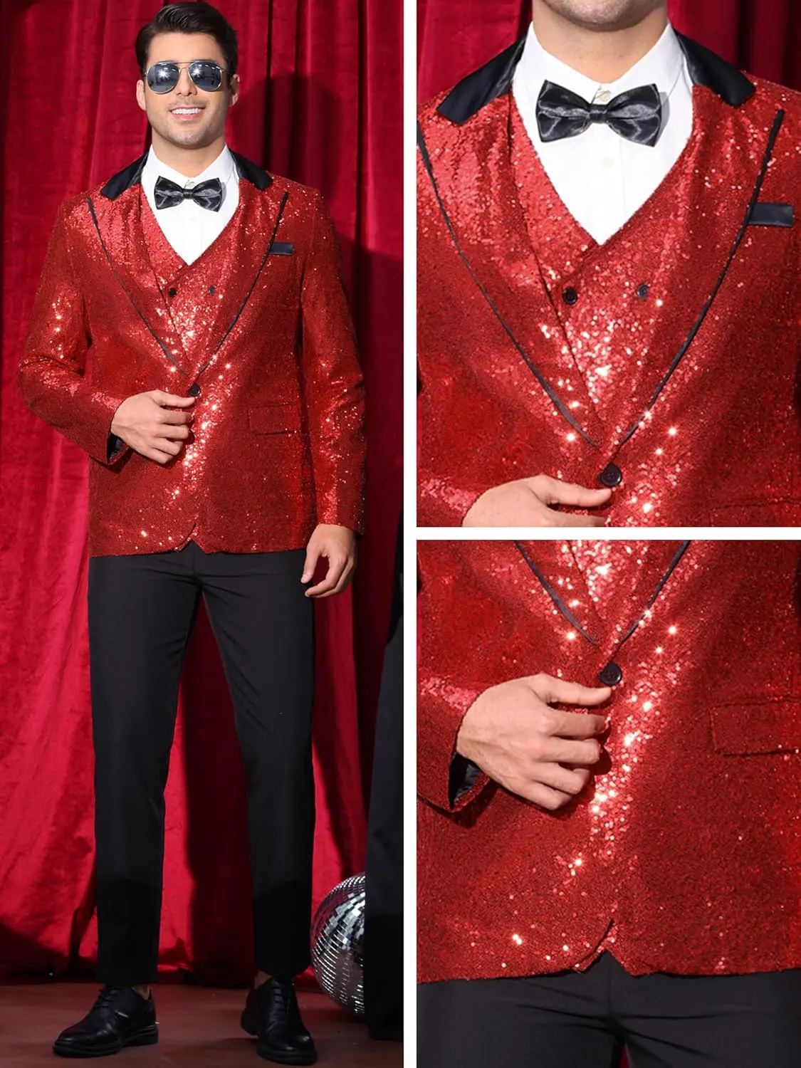 Lars Amadeus Sequin Blazer for Men's Peak Lapel Disco Prom Wedding Party Shiny Suit Jacket Tuxedo