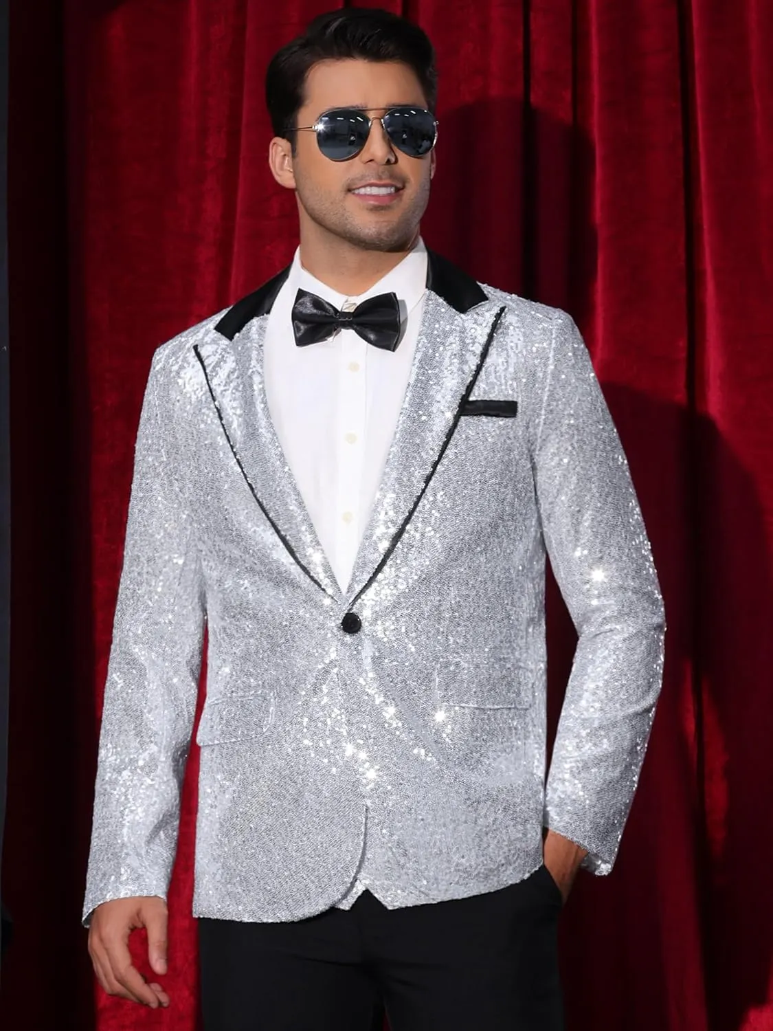Lars Amadeus Sequin Blazer for Men's Peak Lapel Disco Prom Wedding Party Shiny Suit Jacket Tuxedo