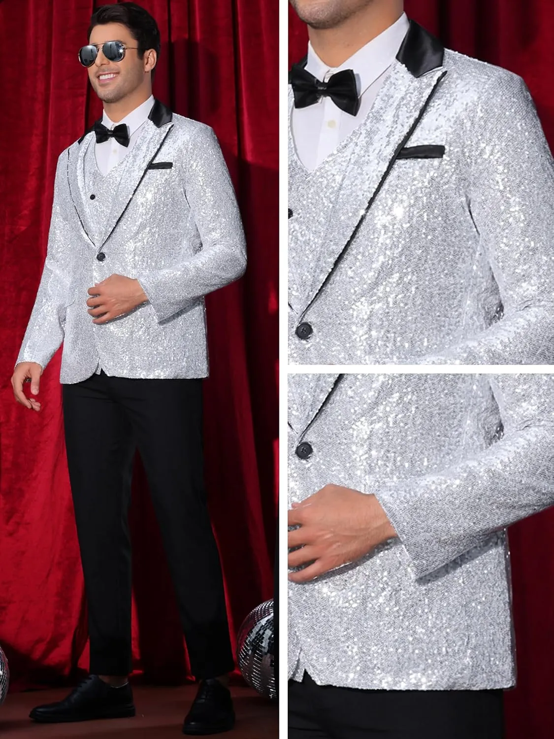 Lars Amadeus Sequin Blazer for Men's Peak Lapel Disco Prom Wedding Party Shiny Suit Jacket Tuxedo