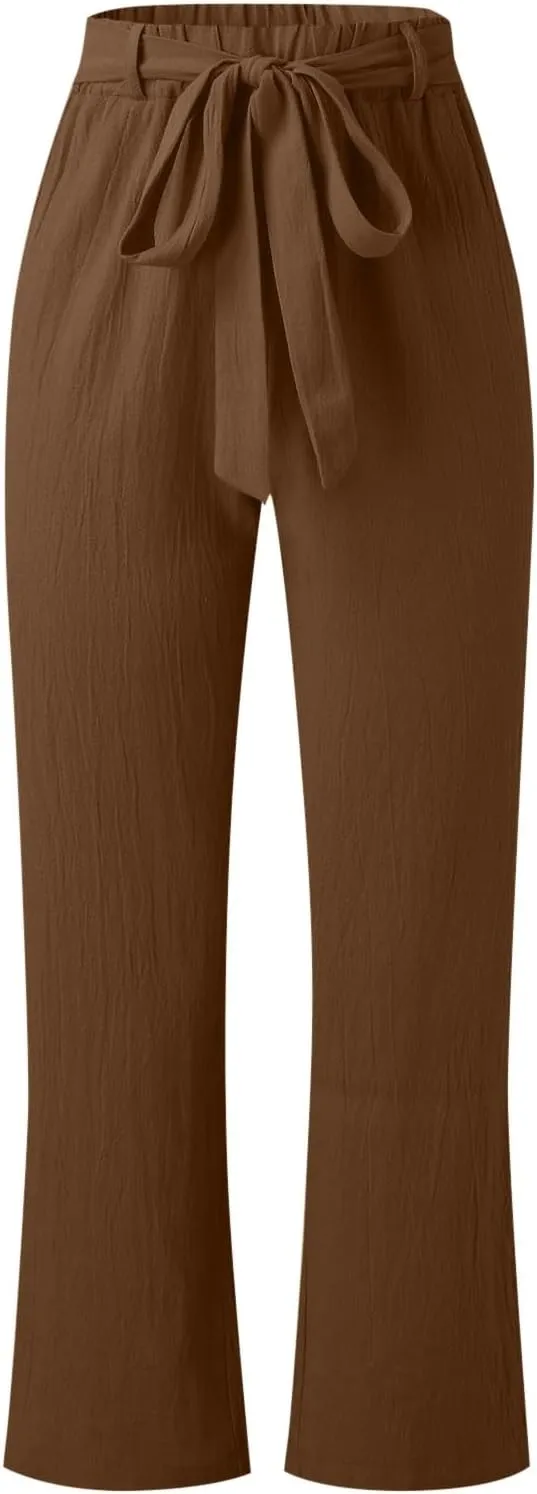 Linen Pants for Women Summer Elastic Waist Belt Palazzo Pants Loose Fit Casual Beach Long Trousers with Pockets