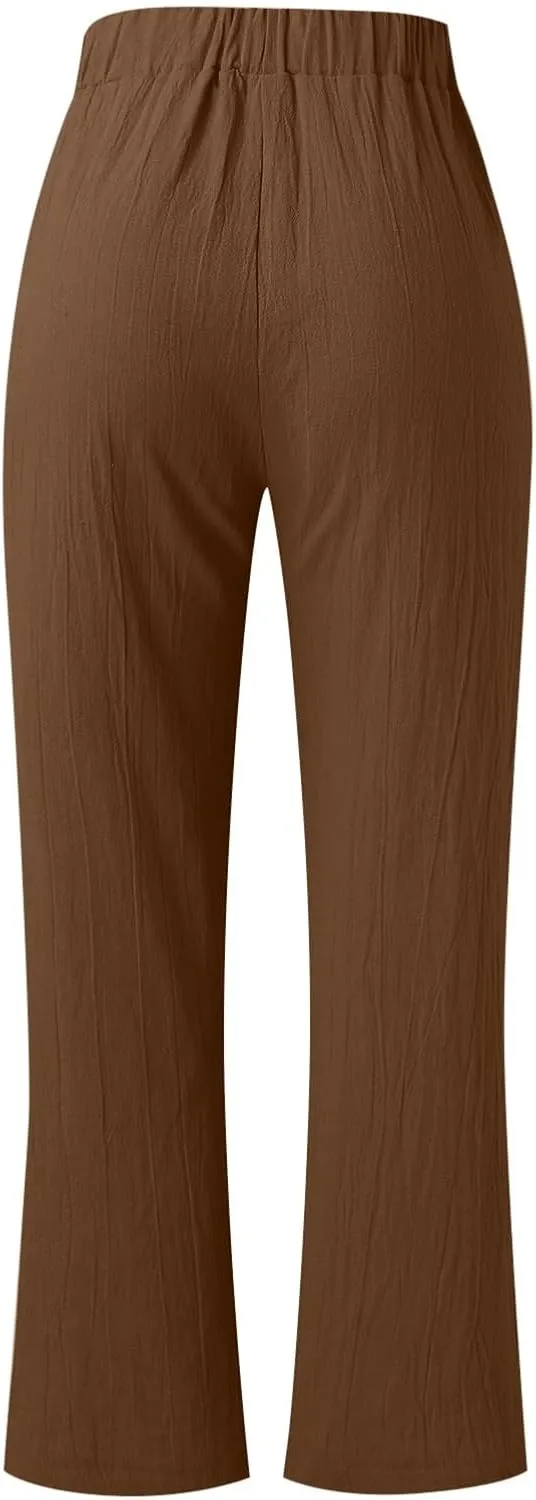 Linen Pants for Women Summer Elastic Waist Belt Palazzo Pants Loose Fit Casual Beach Long Trousers with Pockets