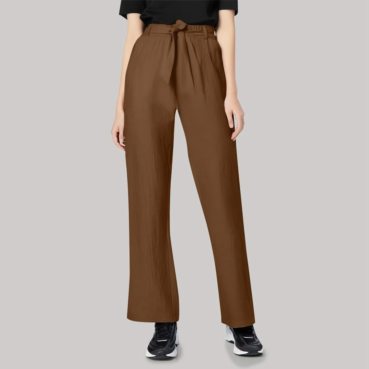 Linen Pants for Women Summer Elastic Waist Belt Palazzo Pants Loose Fit Casual Beach Long Trousers with Pockets