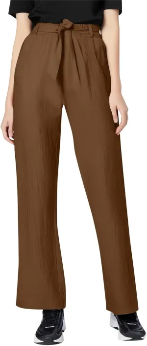 Linen Pants for Women Summer Elastic Waist Belt Palazzo Pants Loose Fit Casual Beach Long Trousers with Pockets