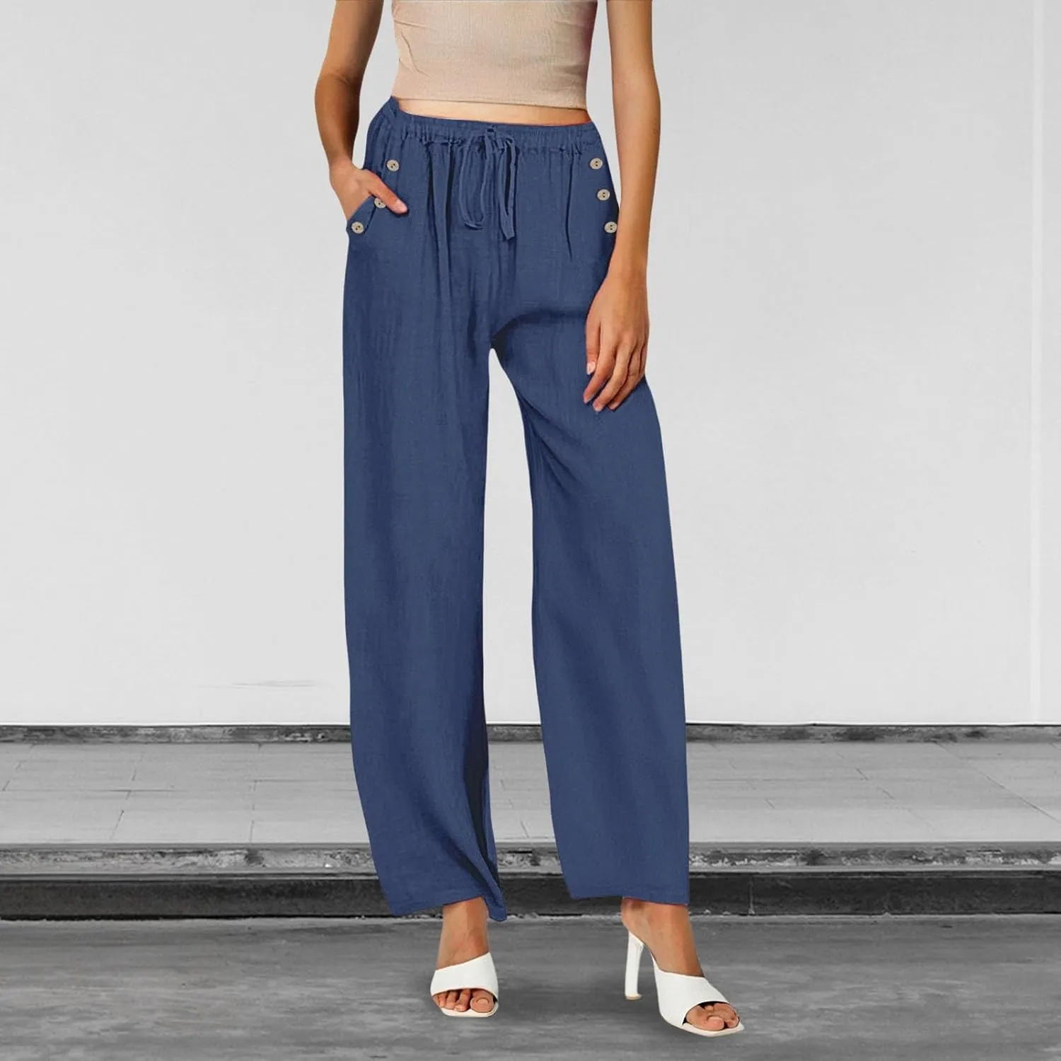 Linen Pants Women Summer Wide Leg Casual Palazzo Pant High Waisted Drawstring Lounge Beach Trousers with Pockets