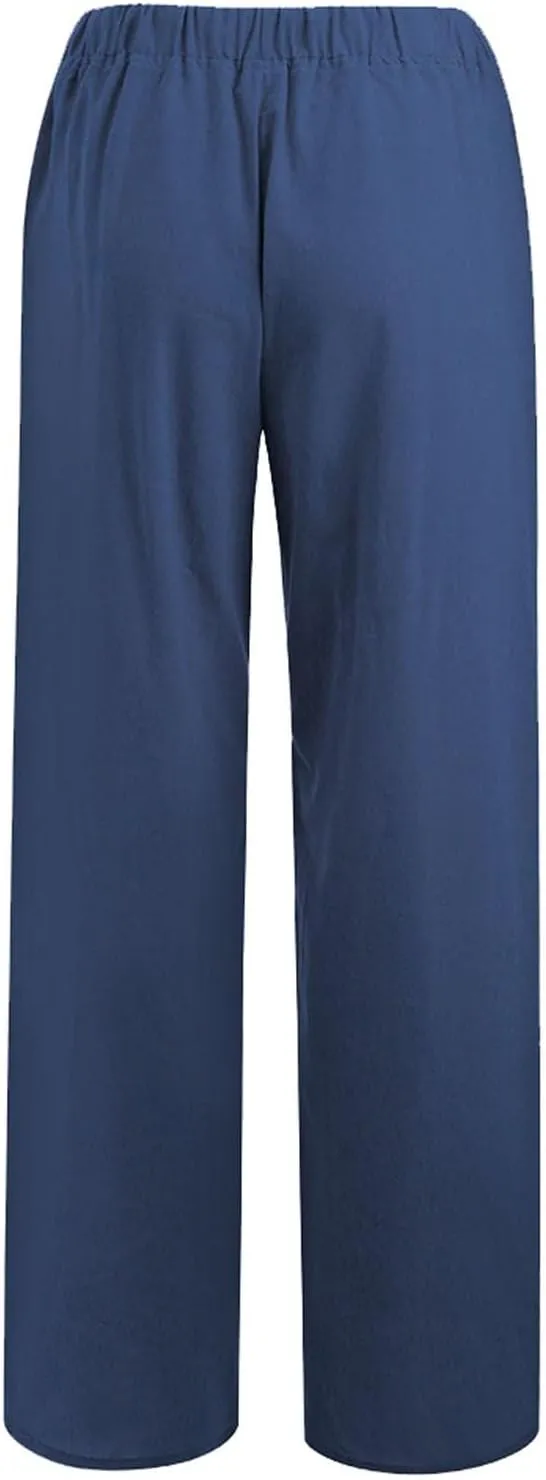Linen Pants Women Summer Wide Leg Casual Palazzo Pant High Waisted Drawstring Lounge Beach Trousers with Pockets