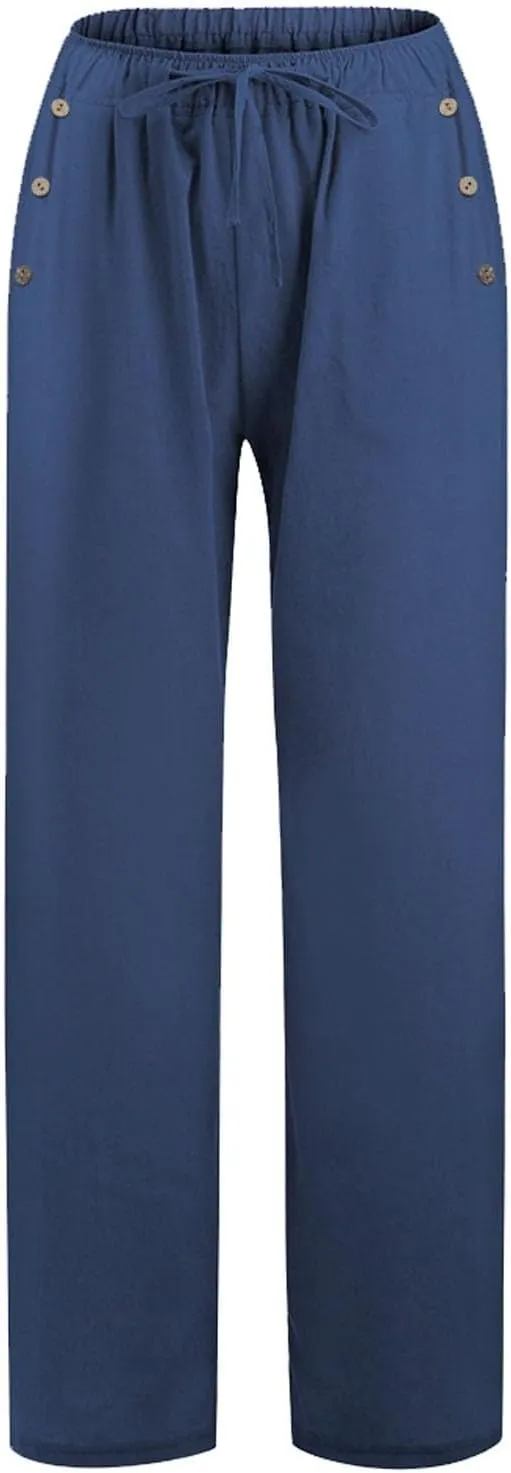 Linen Pants Women Summer Wide Leg Casual Palazzo Pant High Waisted Drawstring Lounge Beach Trousers with Pockets