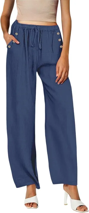 Linen Pants Women Summer Wide Leg Casual Palazzo Pant High Waisted Drawstring Lounge Beach Trousers with Pockets