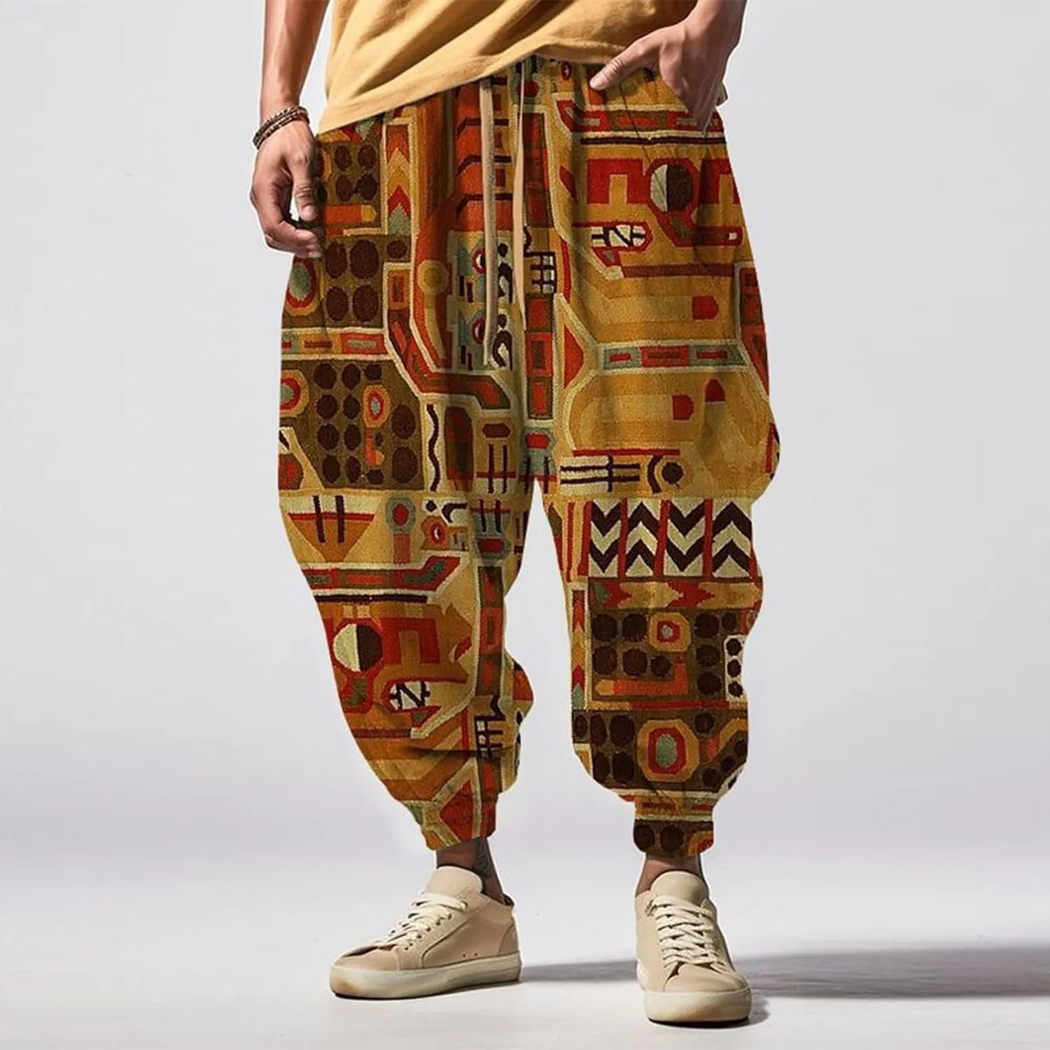 Mens Baggy Harem Pants Men Elastic Drawstring Cotton Pants Waist Waist Mid Casual Solid Mens Casual Cotton Linen