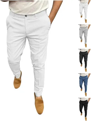Mens Business Casual Pants Slim Fit Cotton Lightweight Straight Leg Pants with Pockets Retro Skinny Work Pants