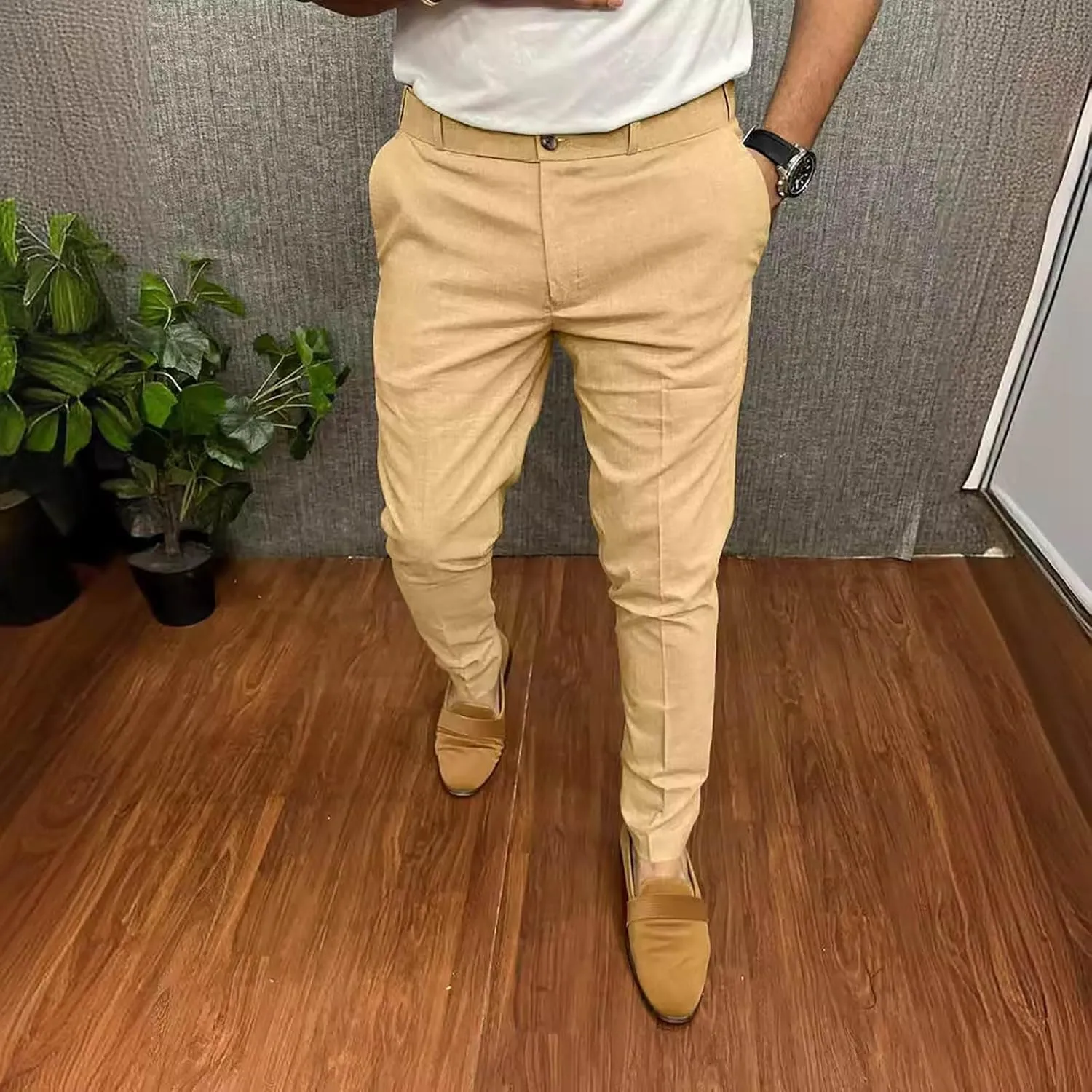 Mens Business Casual Pants Slim Fit Cotton Lightweight Straight Leg Pants with Pockets Retro Skinny Work Pants