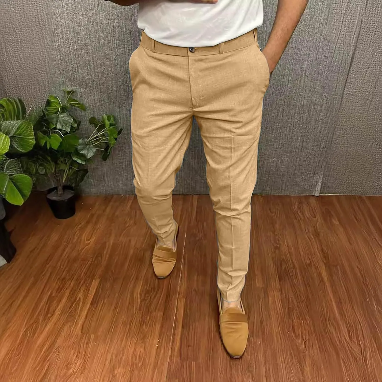 Mens Business Casual Pants Slim Fit Cotton Lightweight Straight Leg Pants with Pockets Retro Skinny Work Pants
