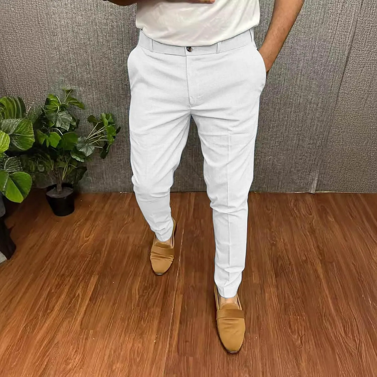 Mens Business Casual Pants Slim Fit Cotton Lightweight Straight Leg Pants with Pockets Retro Skinny Work Pants