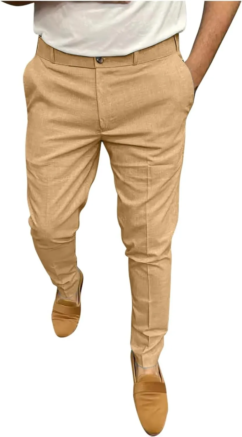 Mens Business Casual Pants Slim Fit Cotton Lightweight Straight Leg Pants with Pockets Retro Skinny Work Pants