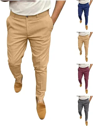 Mens Business Casual Pants Slim Fit Cotton Lightweight Straight Leg Pants with Pockets Retro Skinny Work Pants