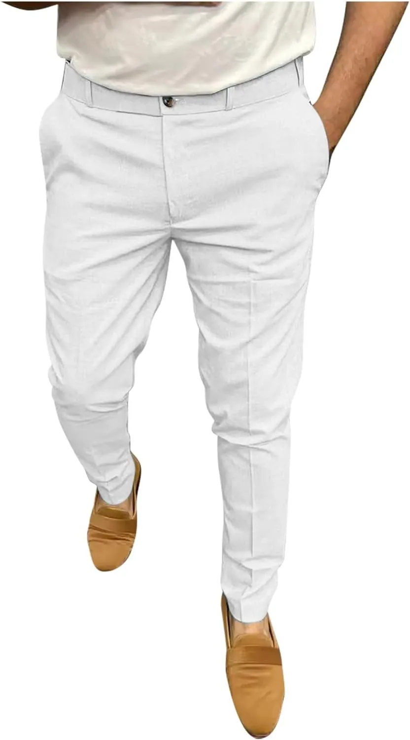 Mens Business Casual Pants Slim Fit Cotton Lightweight Straight Leg Pants with Pockets Retro Skinny Work Pants